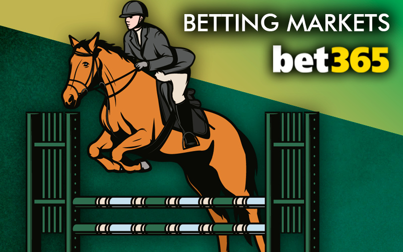 A rider on a horse jumps over an obstacle and Bet365 logo