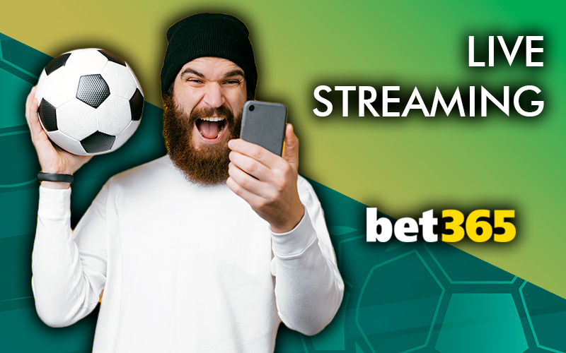 Happy men making bets holding soccer ball and Bet365 logo