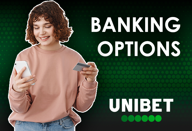 Smiling woman enters her bank card data into her smartphone and Unibet logo