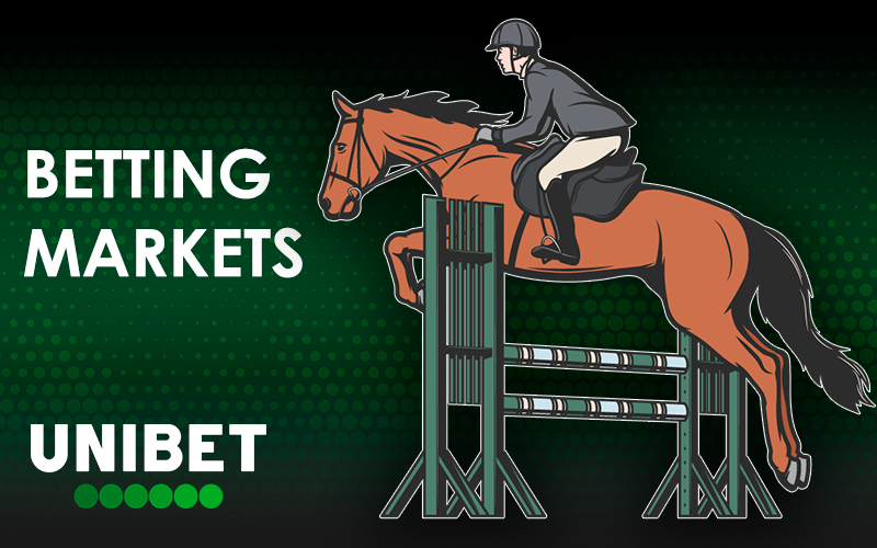 A rider on a horse jumps over an obstacle and Unibet logo
