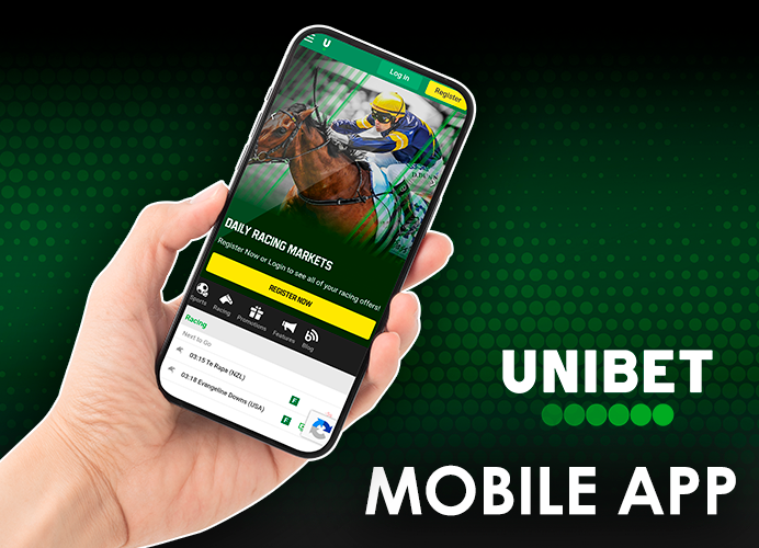 The hand holds the smartphone on which the Unibet site is open