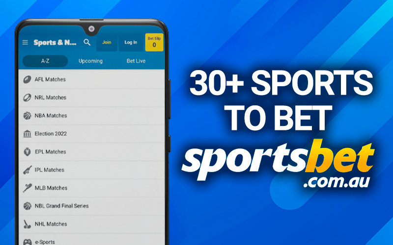 Phone with a list of sports for betting and the Sportsbet logo