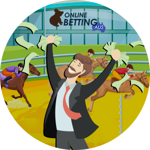 Man in a suit with a lot of money in his hands against a background of horse racing and onlinebettingaus logo