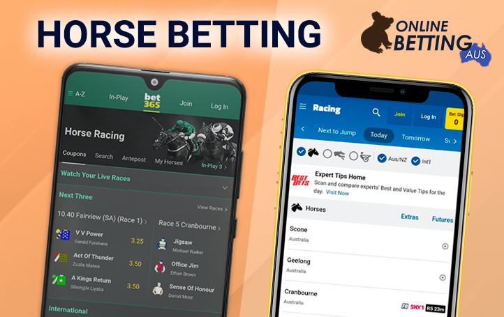 Android and iPhone phones with open horse racing betting sites and onlinebettingaus logo