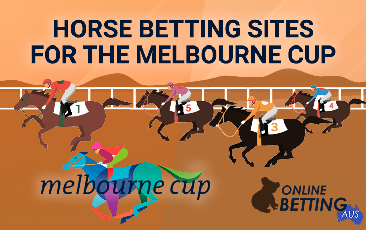 People on galloping horses at the racetrack and the Melbourne Cup logo