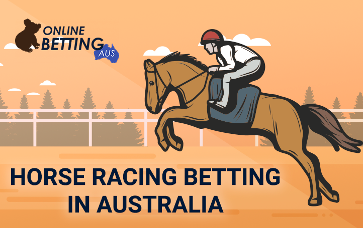 Illustration of a man riding a horse and the onlinebettingaus logo