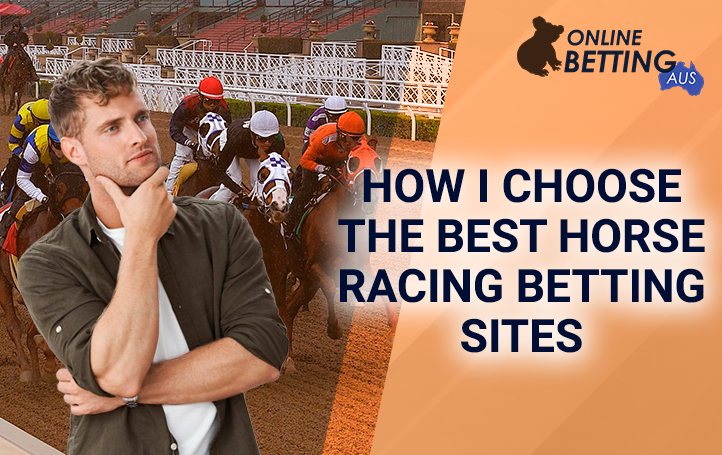 onlinebettingaus logo and a man in a dark shirt thinking stands in front of the racetrack