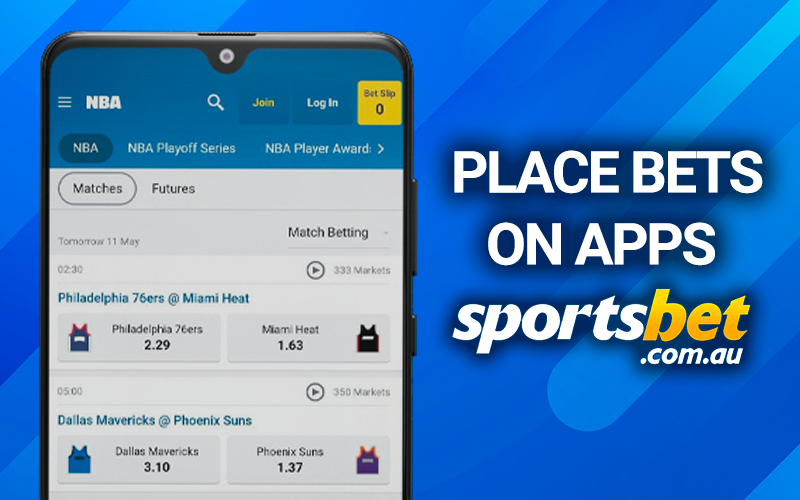 Sportsbet logo and mobile with a betting page
