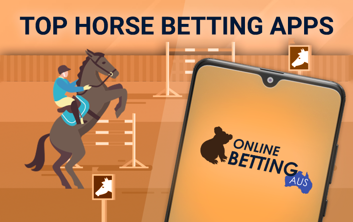 Phone with the onlinebettingaus logo inside and a man riding a horse on a racetrack