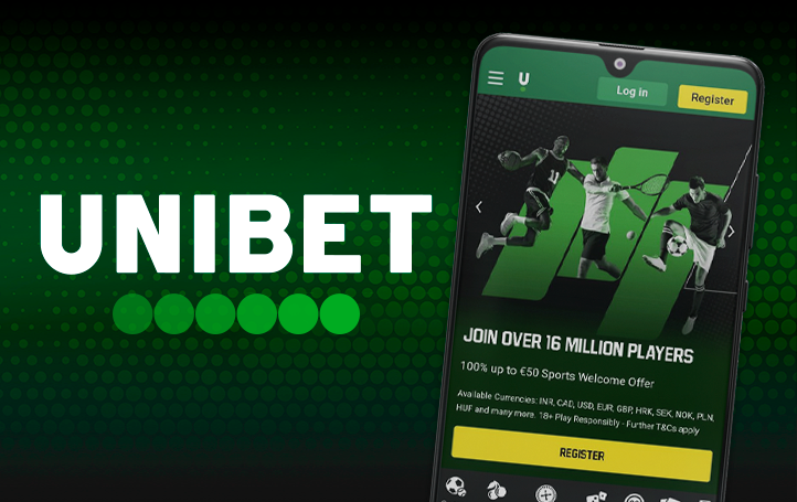 Phone with the unibet homepage and logo