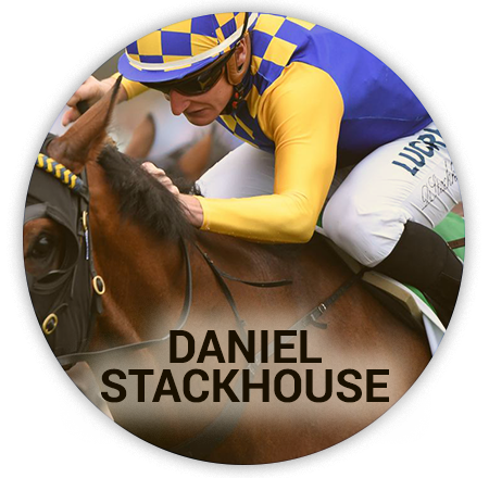 jockey in a blue and yellow jacket on a horse participates in the races