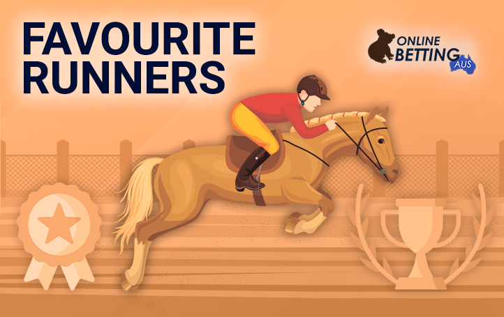 A jockey on a horse surrounded by awards and medals at Online Betting Aus