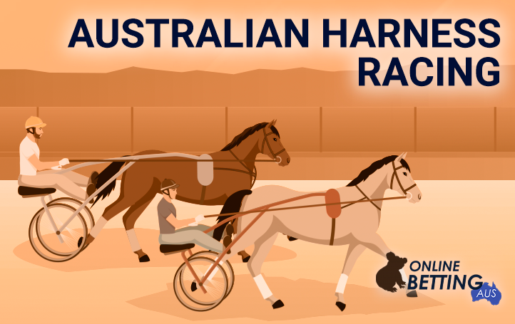 Online Betting Aus logo and Chariot jockeys tied to horses on the track
