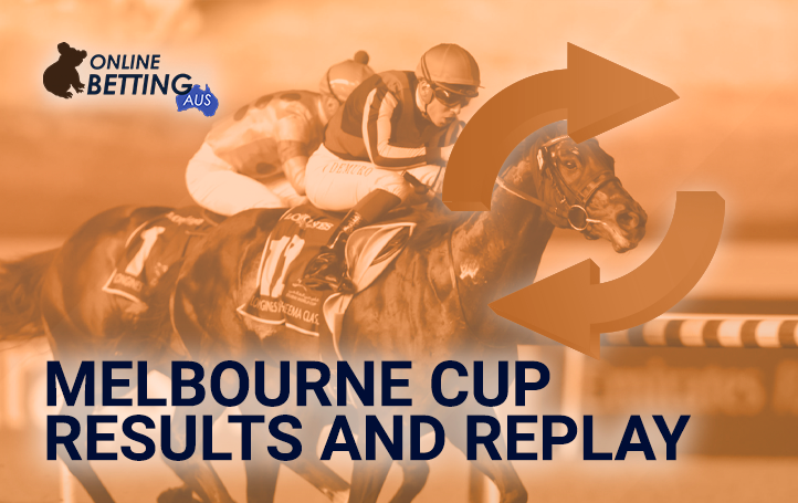 Two jockeys jumping a horse and a replay icon at OnlineBetting Aus