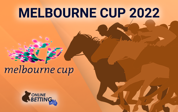 Melbourne Cup logo with horses in the background at OnlineBettingAus