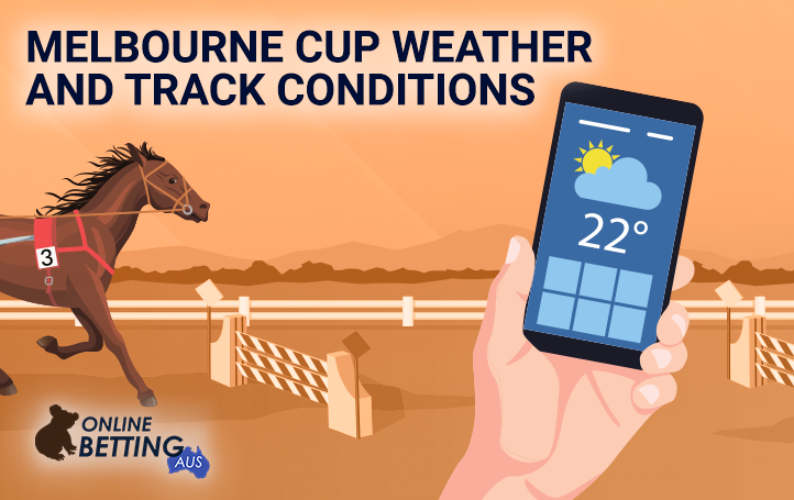 Phone with an open weather forecast against the backdrop of a horse-racing track and OnlineBettingAus logo