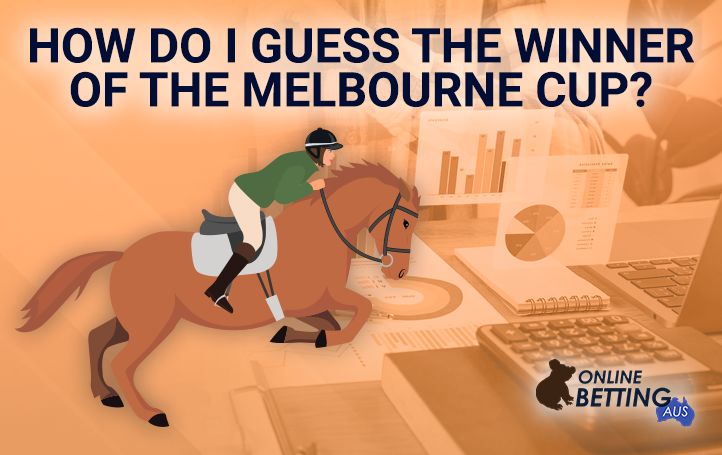 A jockey on a horse in front of reports and infographics at Online Betting Aus