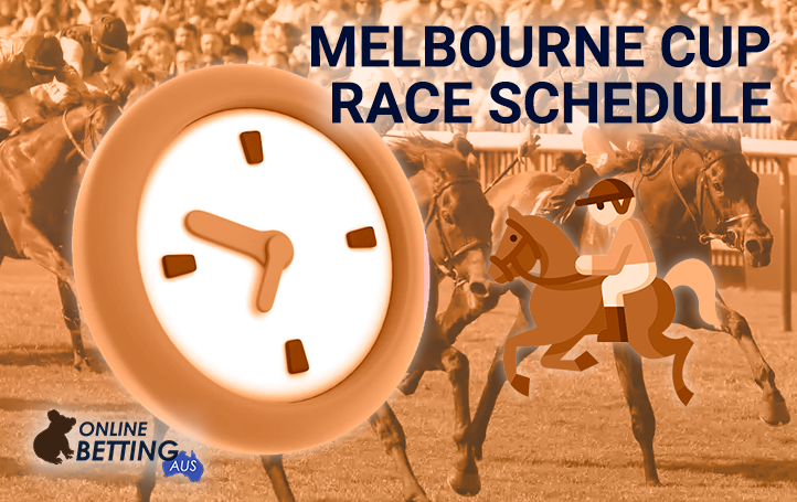 A clock against the backdrop of a horse race at OnlineBetting Aus