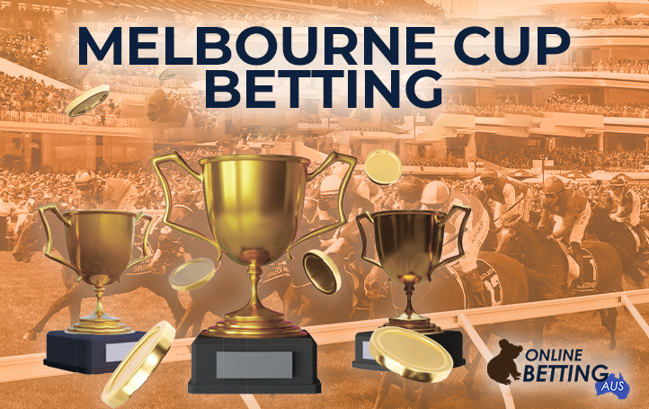 Prize cups on the backdrop of the race at OnlineBetting Aus