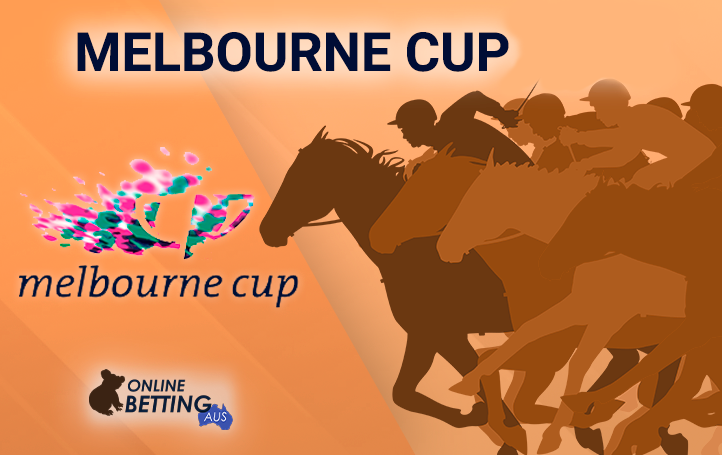 Melbourne Cup logo with horses in the background at OnlineBettingAus